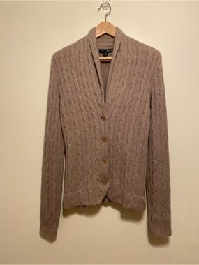 Aqua Cashmere Taupe Cable-Knit Shawl Collar Cardigan. Size M